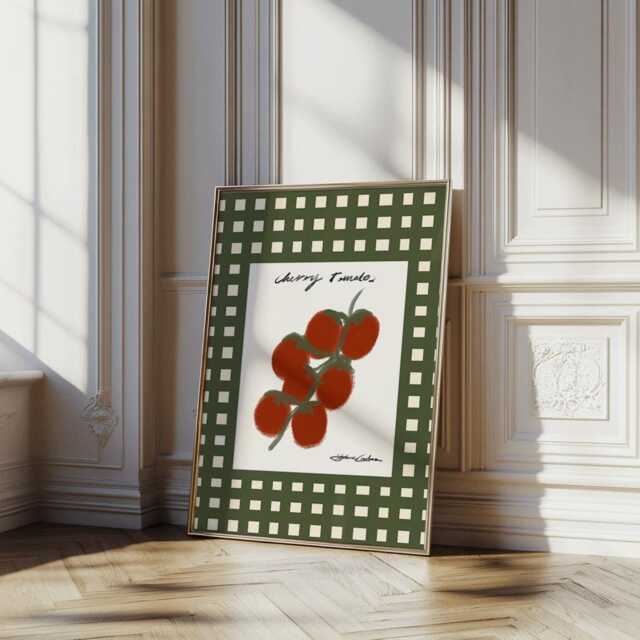 Vintage Cherry Tomatoes Green Checkered Poster, Mid Century Modern Wall Art Print - image 1
