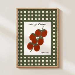 Vintage Cherry Tomatoes Green Checkered Poster, Mid Century Modern Wall Art Print - thumbnail 2
