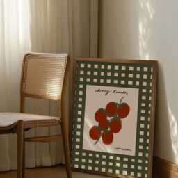 Vintage Cherry Tomatoes Green Checkered Poster, Mid Century Modern Wall Art Print - thumbnail 3