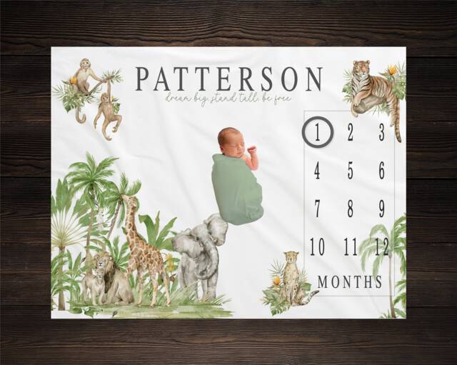Safari Theme Milestone Blanket For Monthly Growth Photos, Perfect Baby Shower Gift Mom To Be With Jungle Animals Theme, Bm31 - image 1