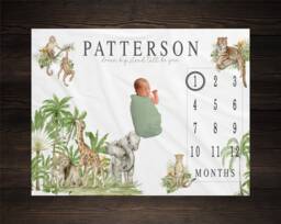 Safari Theme Milestone Blanket For Monthly Growth Photos, Perfect Baby Shower Gift Mom To Be With Jungle Animals Theme, Bm31 - thumbnail 1