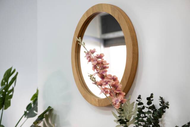 Solid Oak Round Wall Mirror Modern Wood Frame, Bathroom & Living Room - image 1