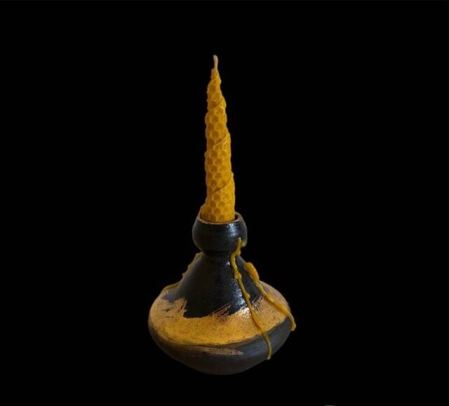 Handmade Black Ceramic Candle Holder 14K Gold Plated Pottery - image 1