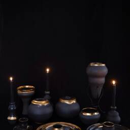 Handmade Black Ceramic Candle Holder 14K Gold Plated Pottery - thumbnail 3