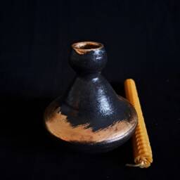 Handmade Black Ceramic Candle Holder 14K Gold Plated Pottery - thumbnail 2