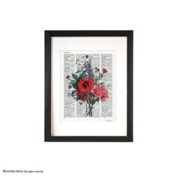 Poppy Bouquet Art Print Botanical Flowers On Dictionary Page - thumbnail 1