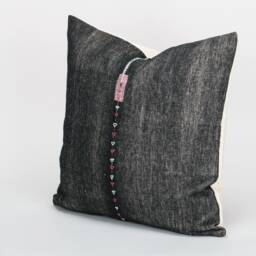 Handwoven Hemp Pillow Cover - Karen Tribe Textile, Embroidered Geometric Design - 20x20 - thumbnail 2