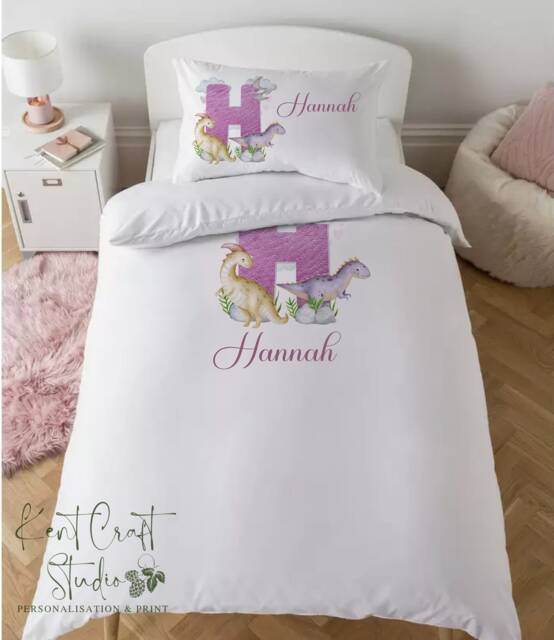 Personalised Girls Pink Dinosaur Pillow Case & Duvet Set - Bedroom Decor Bedding - image 1