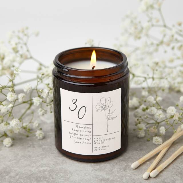 Personalised 30Th Birthday Candle, Floral Soy Wax Candle - image 1