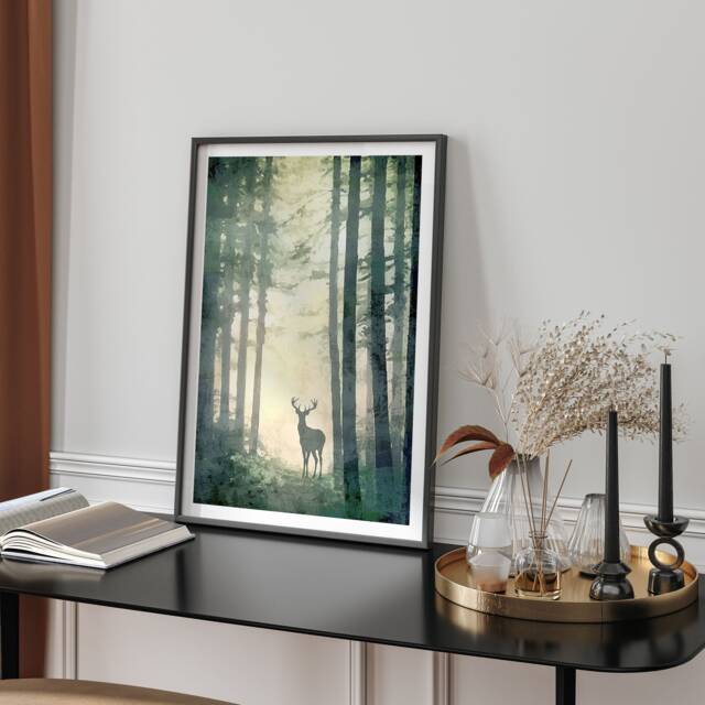 Deer Silhouette in Misty Forest Art Print Modern Woodland Landscape Wall Decor Gift For Living Room Bedroom - image 1