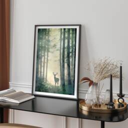 Deer Silhouette in Misty Forest Art Print Modern Woodland Landscape Wall Decor Gift For Living Room Bedroom - thumbnail 1