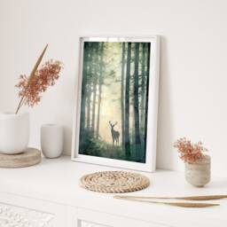 Deer Silhouette in Misty Forest Art Print Modern Woodland Landscape Wall Decor Gift For Living Room Bedroom - thumbnail 2