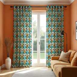 Teal Retro Floral Curtains, Mid Century Modern Yellow Blue Print Drapes, Scandinavian Botanical Window Panels, Custom Heading Curtains - thumbnail 2