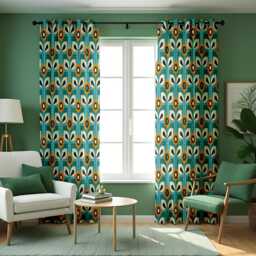 Teal Retro Floral Curtains, Mid Century Modern Yellow Blue Print Drapes, Scandinavian Botanical Window Panels, Custom Heading Curtains - thumbnail 3