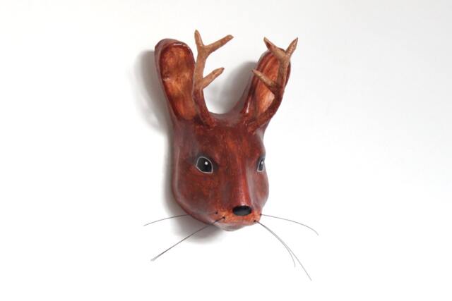 Paper Mache Head Sculpture Of Mythical Animal Jackalope - Rabbit With Horns Menagerie Decor - image 1