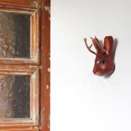 Paper Mache Head Sculpture Of Mythical Animal Jackalope - Rabbit With Horns Menagerie Decor - thumbnail 4