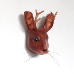 Paper Mache Head Sculpture Of Mythical Animal Jackalope - Rabbit With Horns Menagerie Decor - thumbnail 3