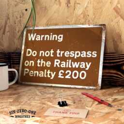 Warning Railway Trespass Metal Sign. Worn Vintage Look Rusty Print. Platform Station - thumbnail 1