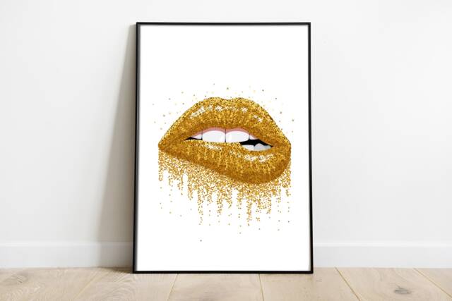 Gold Glitter Lips Print Fashion Wall Art - image 1