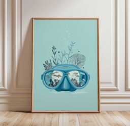 Underwater Poster, Scuba Diving Wall Art, Snorkel Mask Ocean Print, Marine Life Illustration, Sea Adventure Decor, Coastal Bathroom Art - thumbnail 1