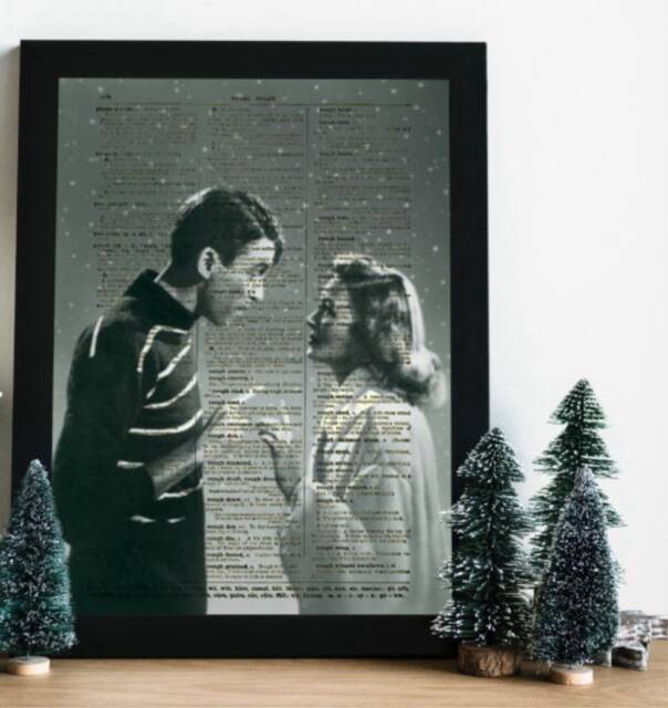 It's A Wonderful Life's George & Mary in The Snow Printed On An Antique Dictionary Page Over 125 Years Old, Christmas Decor Wall Art - image 1