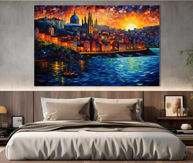 Porto Canvas Print in Van Gogh Starry Night Style, Skyline, Wall Art, Portuguese Gift, Portugal Decor - image 1