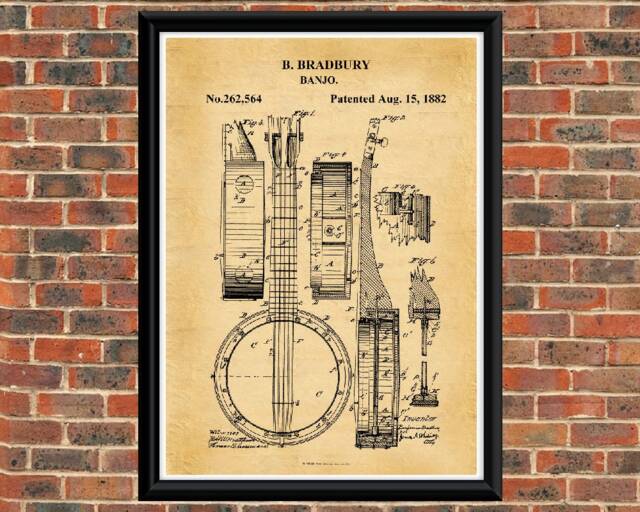 Banjo 1882 Patent Drawing.a4 Poster Art Print Black & White/Vintage - image 1
