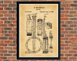 Banjo 1882 Patent Drawing.a4 Poster Art Print Black & White/Vintage - thumbnail 1