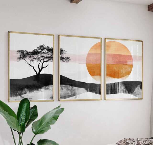 Japanese Landscape Art Set, Abstract Nature Prints, Minimalist Wall Art, Tree & Sun Poster Black Orange Modern Decor - image 1