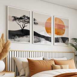 Japanese Landscape Art Set, Abstract Nature Prints, Minimalist Wall Art, Tree & Sun Poster Black Orange Modern Decor - thumbnail 2