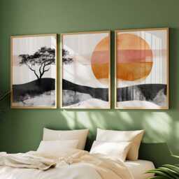 Japanese Landscape Art Set, Abstract Nature Prints, Minimalist Wall Art, Tree & Sun Poster Black Orange Modern Decor - thumbnail 3