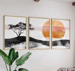 Japanese Landscape Art Set, Abstract Nature Prints, Minimalist Wall Art, Tree & Sun Poster Black Orange Modern Decor - thumbnail 1