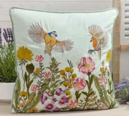 Floral Embroidered Linen Cushion, Birds in Flight, Teal Piping, 45x45 cms - thumbnail 1