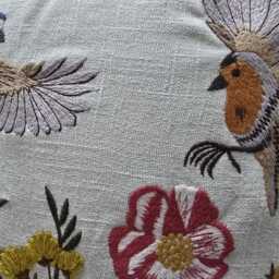 Floral Embroidered Linen Cushion, Birds in Flight, Teal Piping, 45x45 cms - thumbnail 2