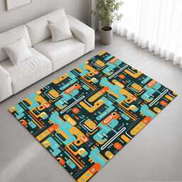 Teal Orange Retro Circuit Pattern Rug Non-Slip Soft Area Carpet Bedroom Living Room Hallway Mat Decor - Made in UK - thumbnail 1