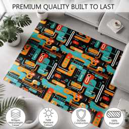 Teal Orange Retro Circuit Pattern Rug Non-Slip Soft Area Carpet Bedroom Living Room Hallway Mat Decor - Made in UK - thumbnail 3