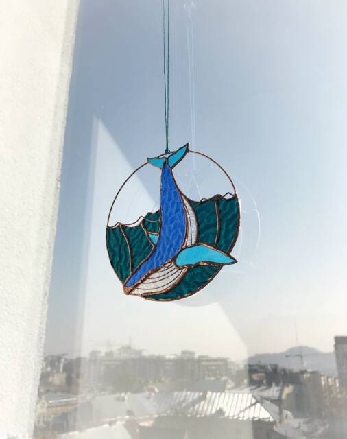 stained Glass Suncatcher Whale. Blue Sun Catcher Home House Decor. Window Wall Decoration Pendant - image 1