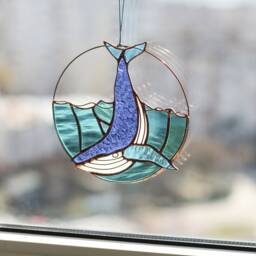 stained Glass Suncatcher Whale. Blue Sun Catcher Home House Decor. Window Wall Decoration Pendant - thumbnail 3