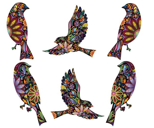 Bird Decals - Set Of 6 Flying & Sitting Wall Stickers in Beautiful Floral Pattern - Sku 153-Stick - image 1