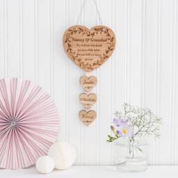 Personalised Family Hanging Hearts, Mother's Day Gift For Mum, Grandparents From Grandchildren, Choice Of Coloured Ribbons - thumbnail 2
