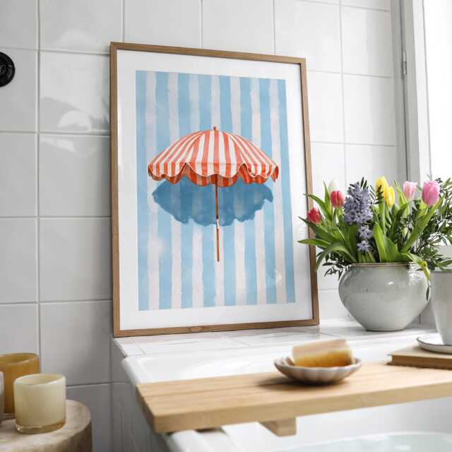 Striped Beach Umbrella Watercolour Print, Bathroom Wall Art, Blue Stripe Coastal Decor, Seaside Poster, Hamptons Style Art - image 1