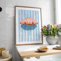Striped Beach Umbrella Watercolour Print, Bathroom Wall Art, Blue Stripe Coastal Decor, Seaside Poster, Hamptons Style Art - thumbnail 1