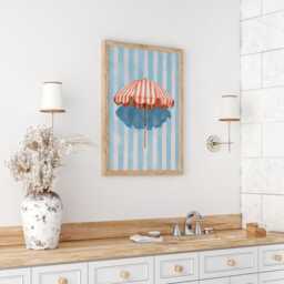 Striped Beach Umbrella Watercolour Print, Bathroom Wall Art, Blue Stripe Coastal Decor, Seaside Poster, Hamptons Style Art - thumbnail 3