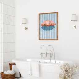 Striped Beach Umbrella Watercolour Print, Bathroom Wall Art, Blue Stripe Coastal Decor, Seaside Poster, Hamptons Style Art - thumbnail 2