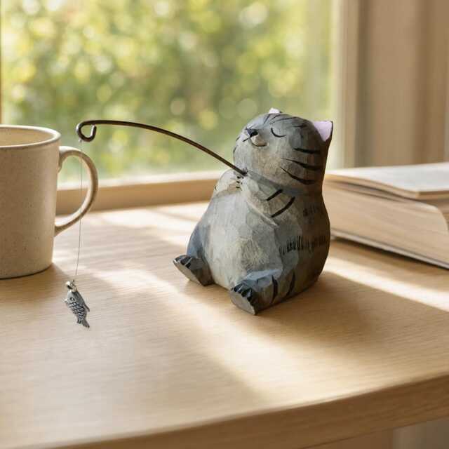 Personalised Wooden Cat Figurine - Engraved Name Decor Chill Figure - image 1