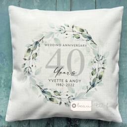 Personalised Names Wedding Anniversary 25Th 50Th 1St Home Quote Greenery Wreath Design Linen Style Cushion Cover - thumbnail 1