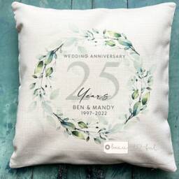 Personalised Names Wedding Anniversary 25Th 50Th 1St Home Quote Greenery Wreath Design Linen Style Cushion Cover - thumbnail 2