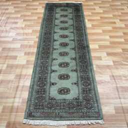2.6x8 Pistachio Green 3 Ply Handmade Bokhara Runner Rug - Hallway Stairs Carpet, Extra Thick Pile - thumbnail 3