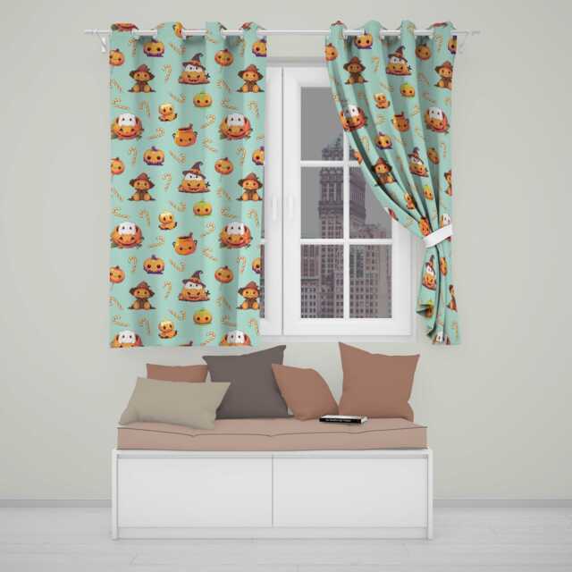 Cute Kawaii Halloween Pumpkin Witch Candy Seamless Pattern Teal Background Readymade Eyelet Ring Top Thermal 100% Blackout Curtains - image 1