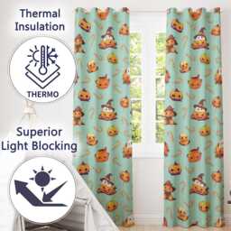 Cute Kawaii Halloween Pumpkin Witch Candy Seamless Pattern Teal Background Readymade Eyelet Ring Top Thermal 100% Blackout Curtains - thumbnail 3